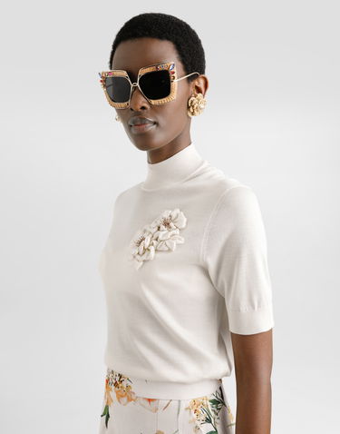 Villapaita Dolce & Gabbana Dolce & Gabbana Silk Pullover with Flower Brooch Valkoinen | FXW52ZJBSO1W0001, 3