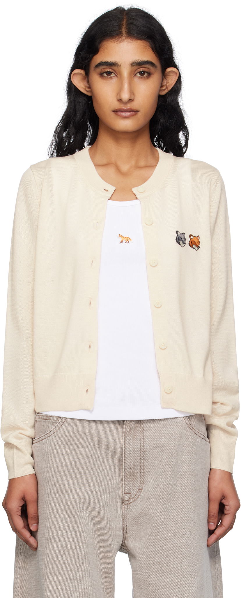 Villapaita MAISON KITSUNÉ Maison Kitsuné Double Fox Head Patch Cardigan Beige | OW051CFKT1036