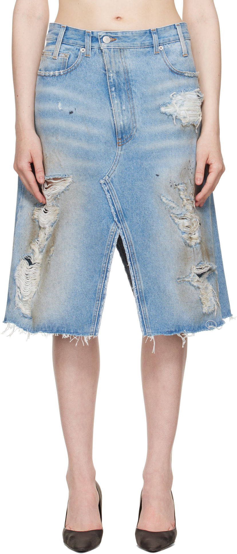Hame Maison Margiela MM6 Maison Margiela Distressed Denim Midi Skirt Sininen | S62MI0034 M30018