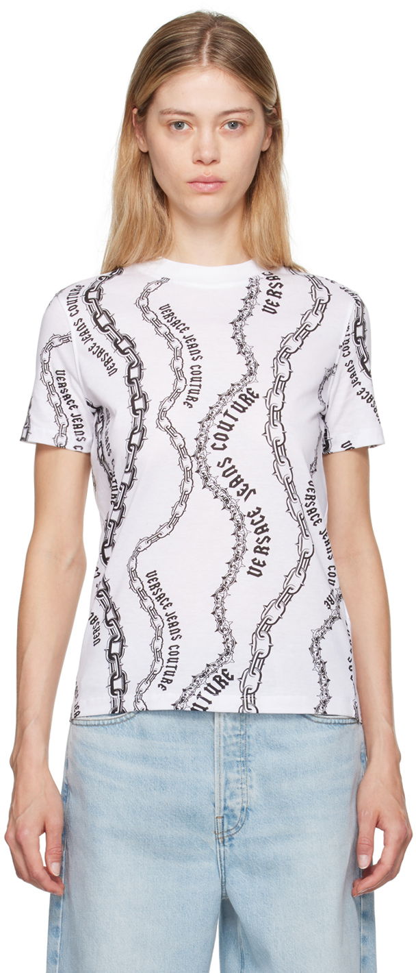 T-paita Versace Jeans Couture White & Black Chain Couture T-Shirt Valkoinen | E77HAH613_EJS365