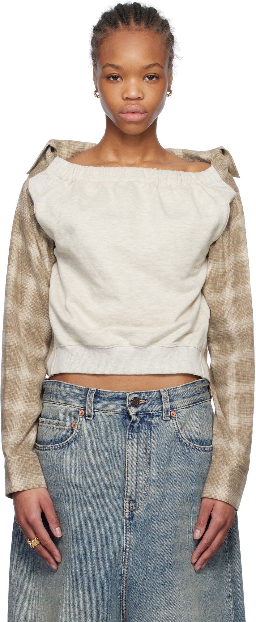 Villapaita We11done We11done Check Panel Off-Shoulder Sweatshirt Beige | WD-BL0-25-153-W-BG