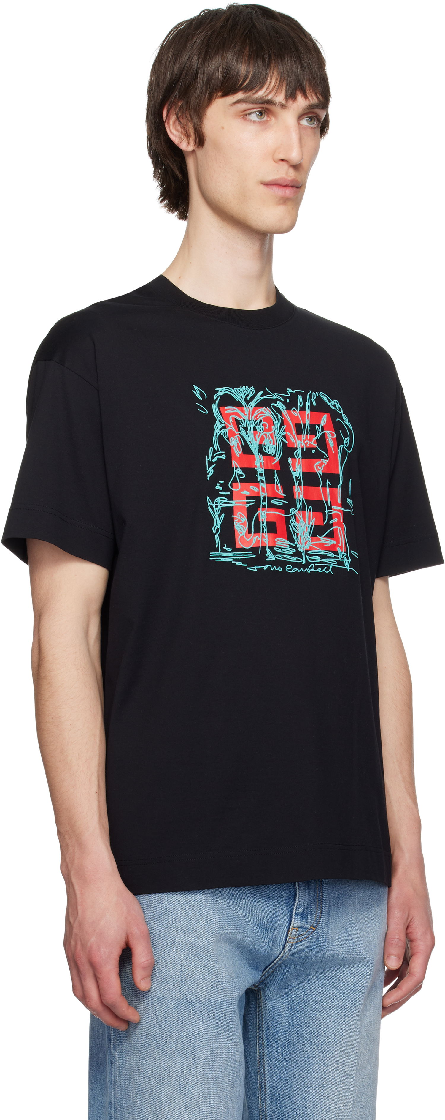 T-paita Givenchy Givenchy 4G Sketch Print Regular Fit T-Shirt Musta | BM71MG3YQD001, 1