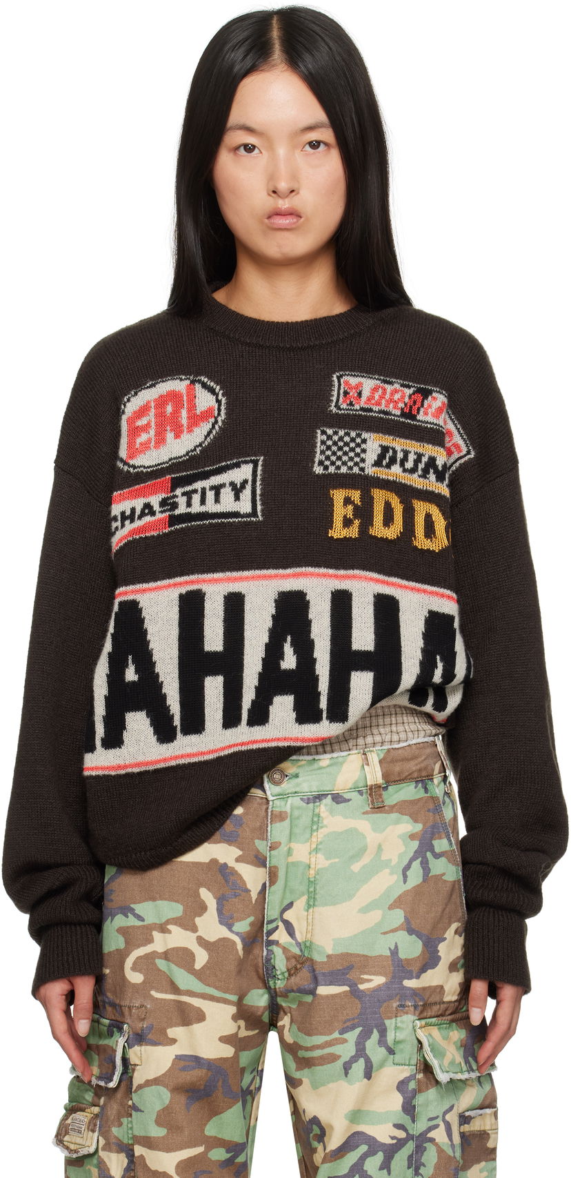 Villapaita ERL 'HAHAHAH' Graphic Knit Sweater Ruskea | ERL09N007