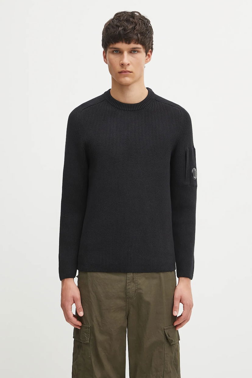 Villapaita C.P. Company C.P. Company Ribbed Knit Sweater with Lens Detail Musta | 19CMKN015A006608A