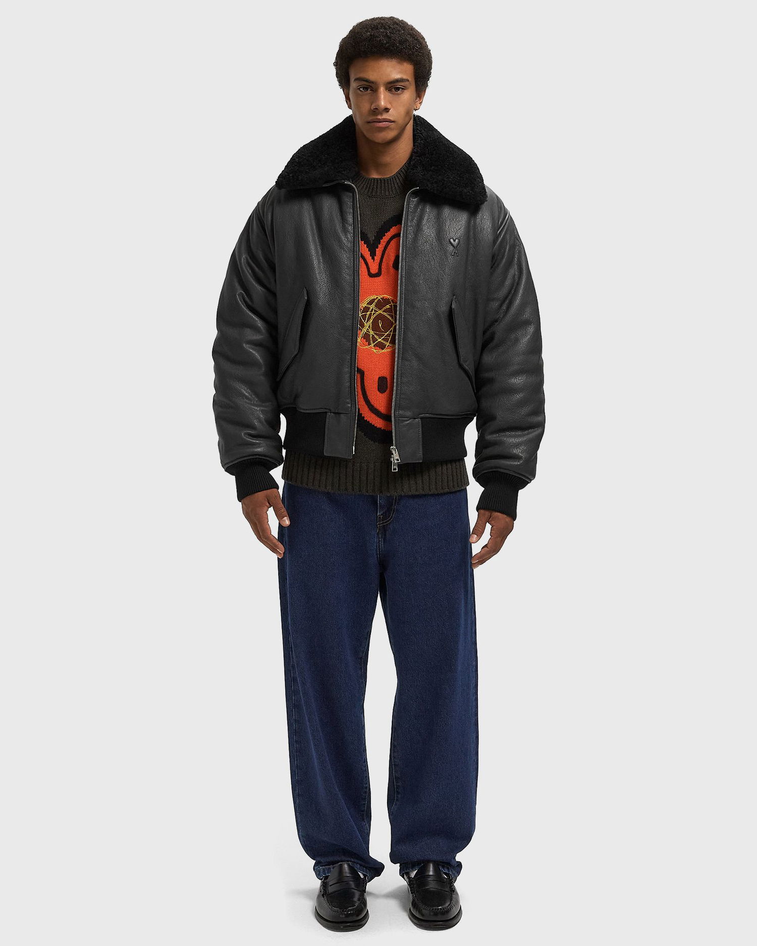 Bomber-takki AMI Leather Bomber Jacket with Shearling Collar Musta | HJK857.LH0044-020, 1