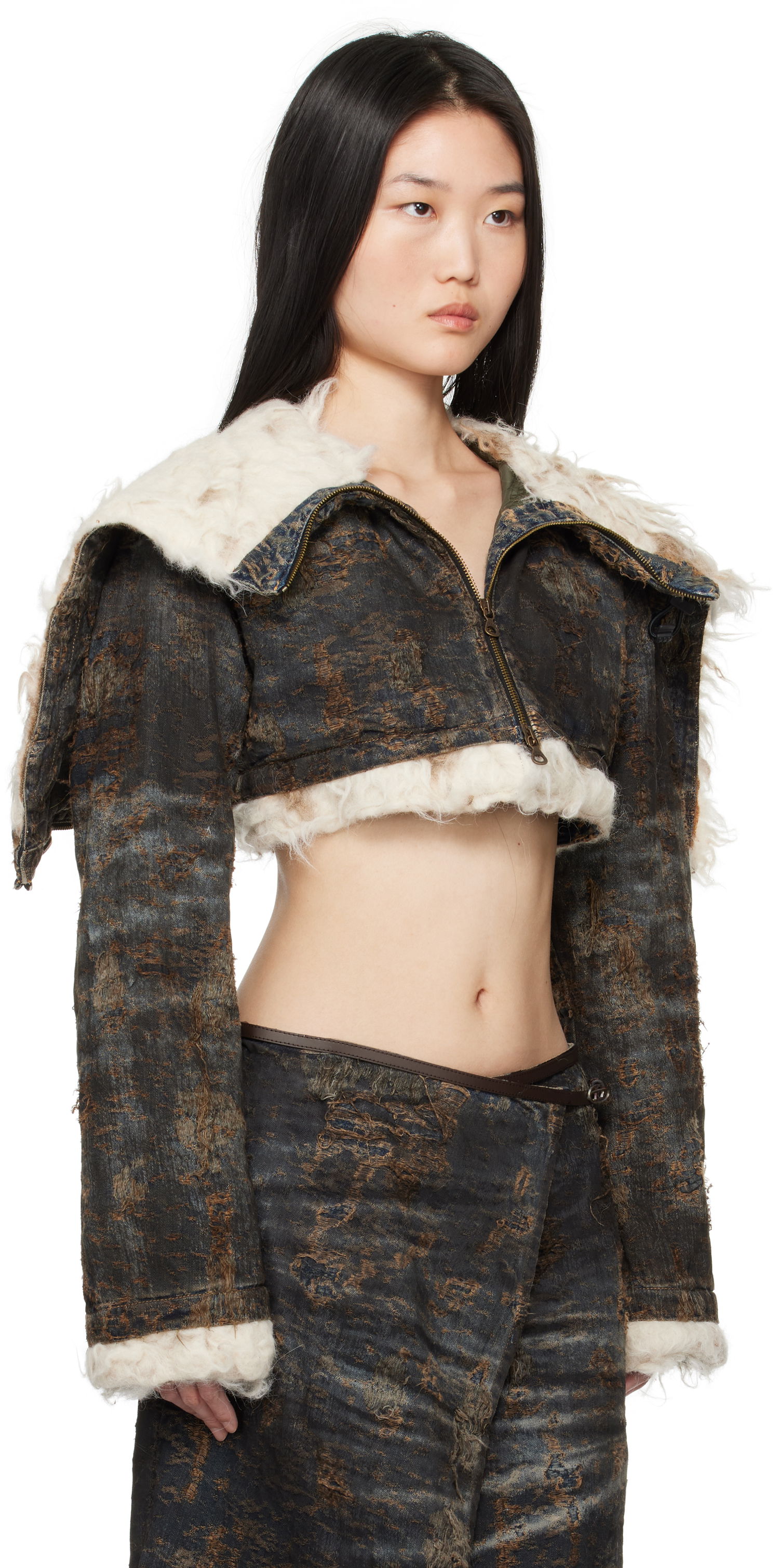Takki Diesel Cropped Distressed Denim Jacket with Faux Fur Musta | A17128 0ABCW, 1