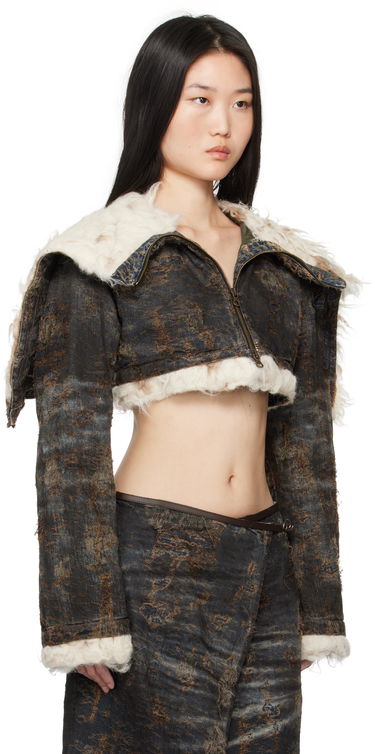 Takki Diesel Cropped Distressed Denim Jacket with Faux Fur Musta | A17128 0ABCW, 1