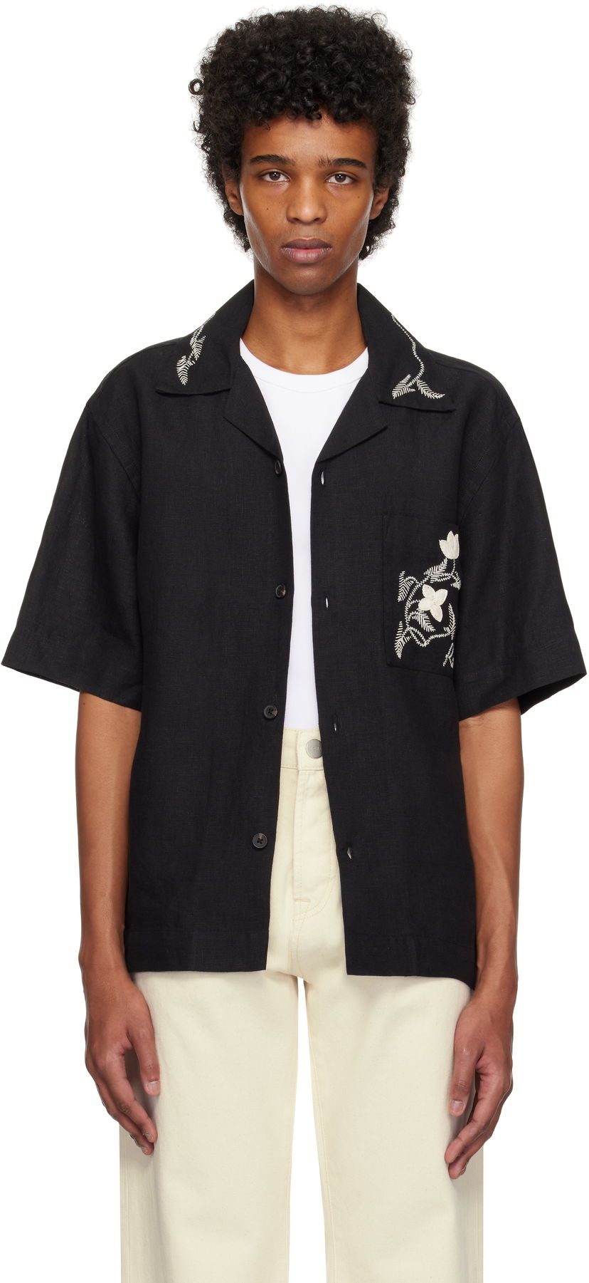 Paita Róhe Hand Embroidered Short Sleeve Shirt Musta | 314-19-084