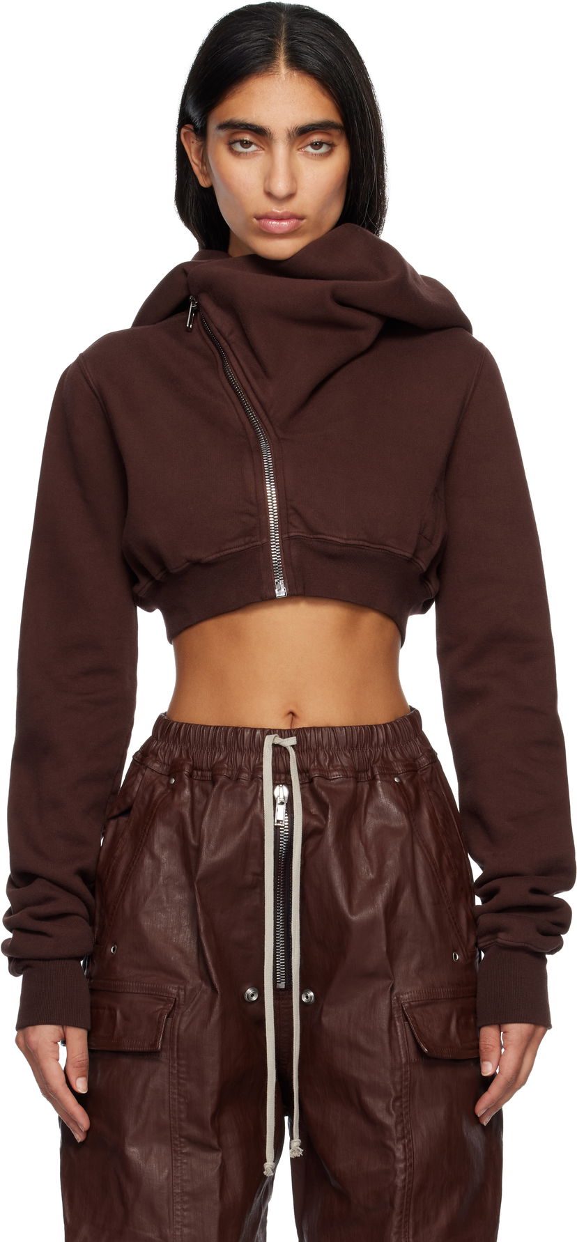 Huppari Rick Owens Concordians Micro Mountain Cropped Asymmetric Zip Hoodie Ruskea | DS02E7237 F