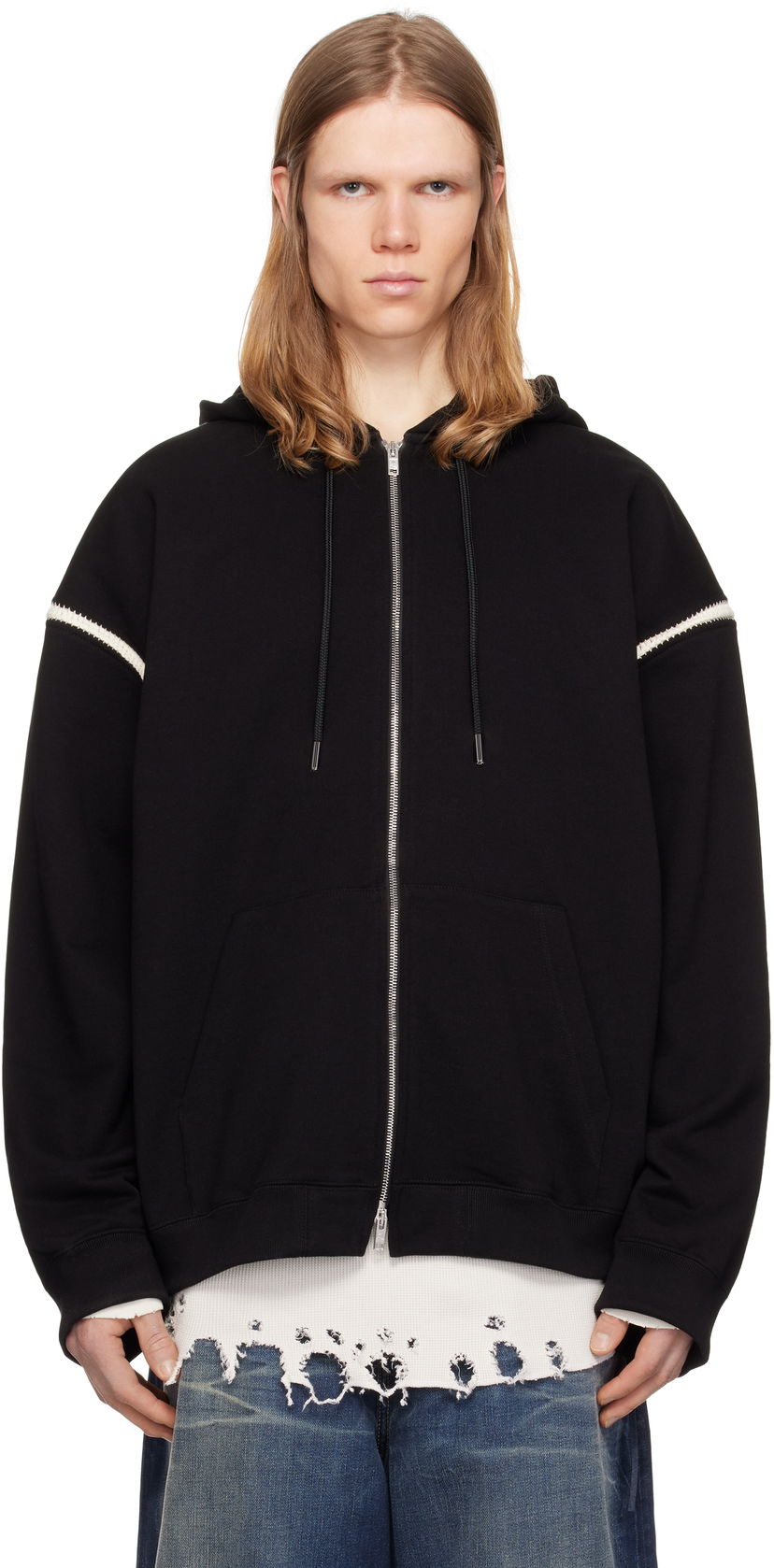 Huppari Mastermind WORLD Mastermind World Boxy Fit Cross Stitch Zip Hoodie Musta | MW25S14-SW006-015