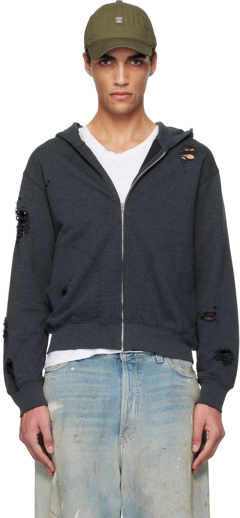Huppari Acne Studios Acne Studios Distressed Zip-Up Hoodie Harmaa | CI0183-