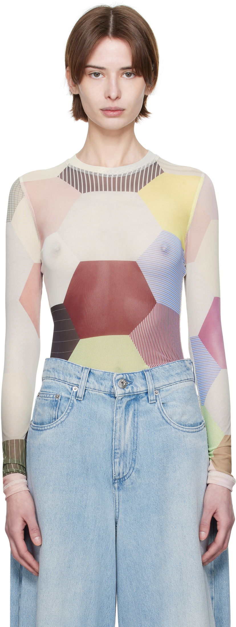 Body JW Anderson JW Anderson Patchwork Print Sheer Long Sleeve T-Shirt Monivärinen | JO0138-PG1722