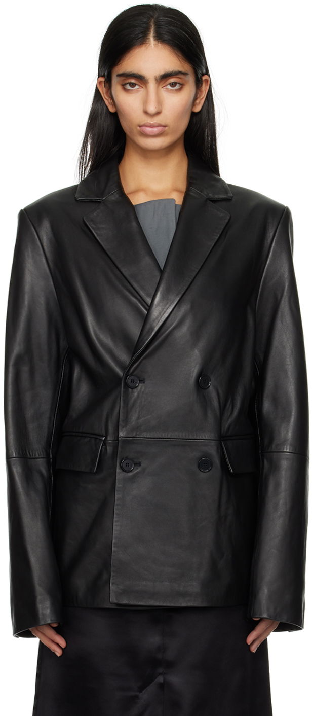 Takki Loulou de Saison Loulou de Saison Davao Double-Breasted Leather Jacket Musta | DAVAO