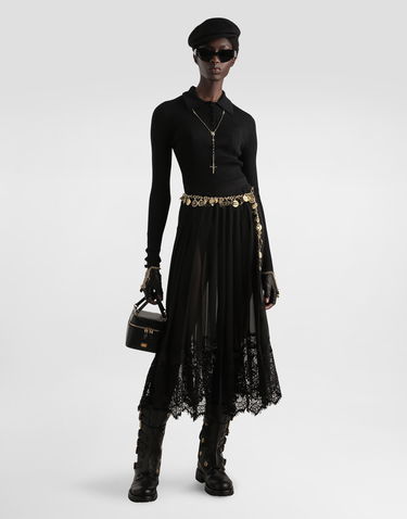 Hame Dolce & Gabbana Dolce & Gabbana Pleated Chiffon Midi Skirt with Lace Trim Musta | F4C6ATFUSNWN0000, 1