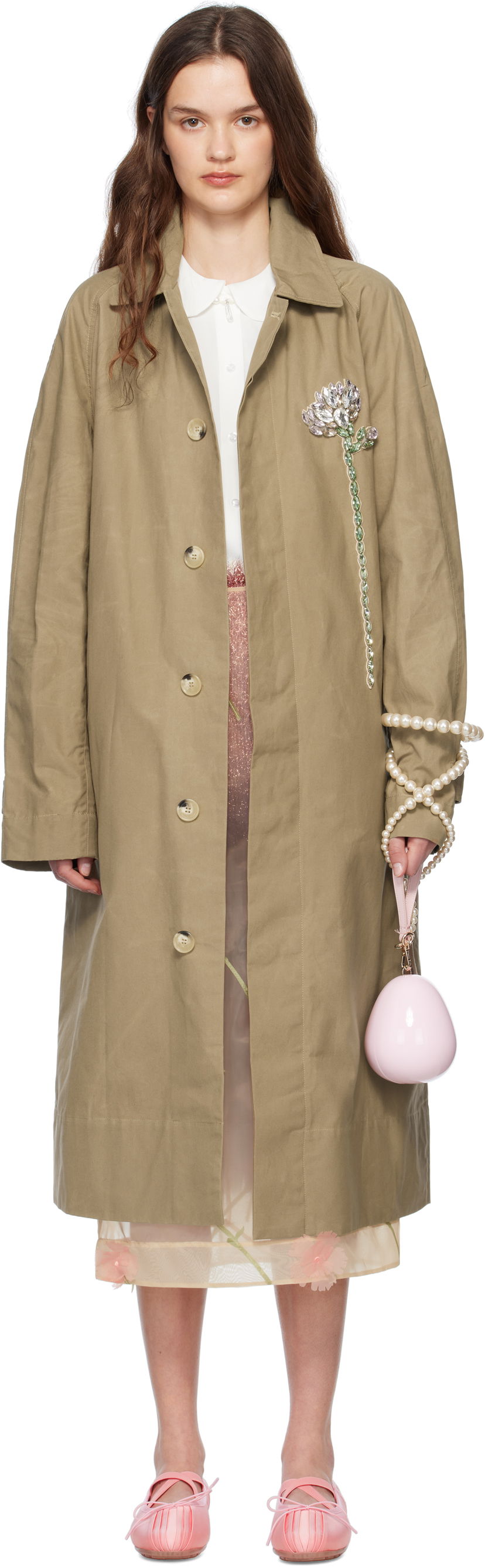 Trenssitakki Simone Rocha Simone Rocha Embellished Carnation Car Coat Beige | 2068DB-W 1247