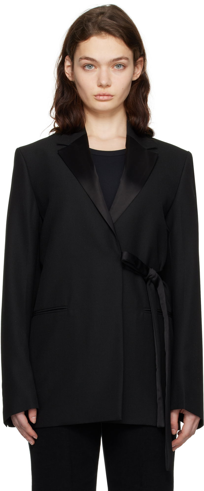 Takki TOTEME TOTEME Satin-Lapel Wrap Blazer Musta | 251-WRZ4728-FB0026