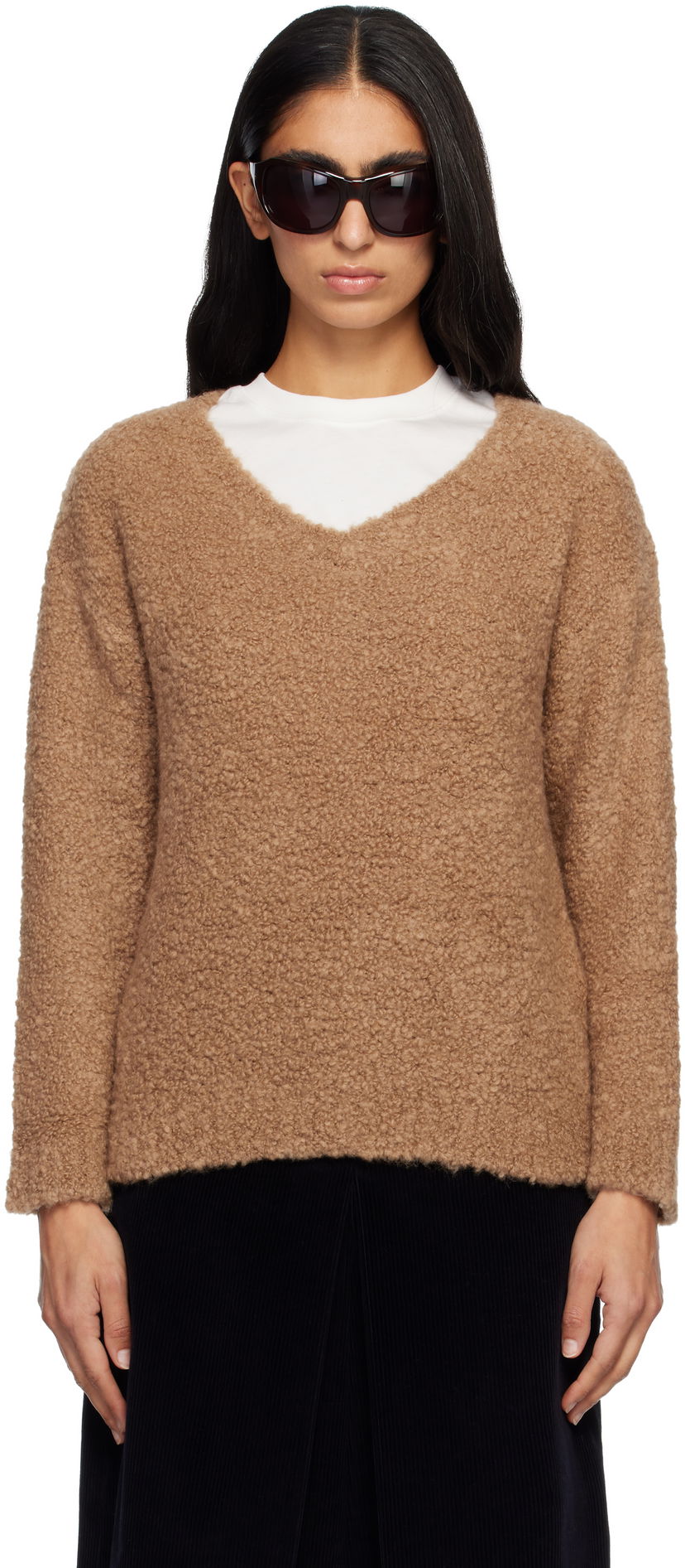 Villapaita Max Mara Pantera Bouclé V-neck Sweater Ruskea | 2521366092600