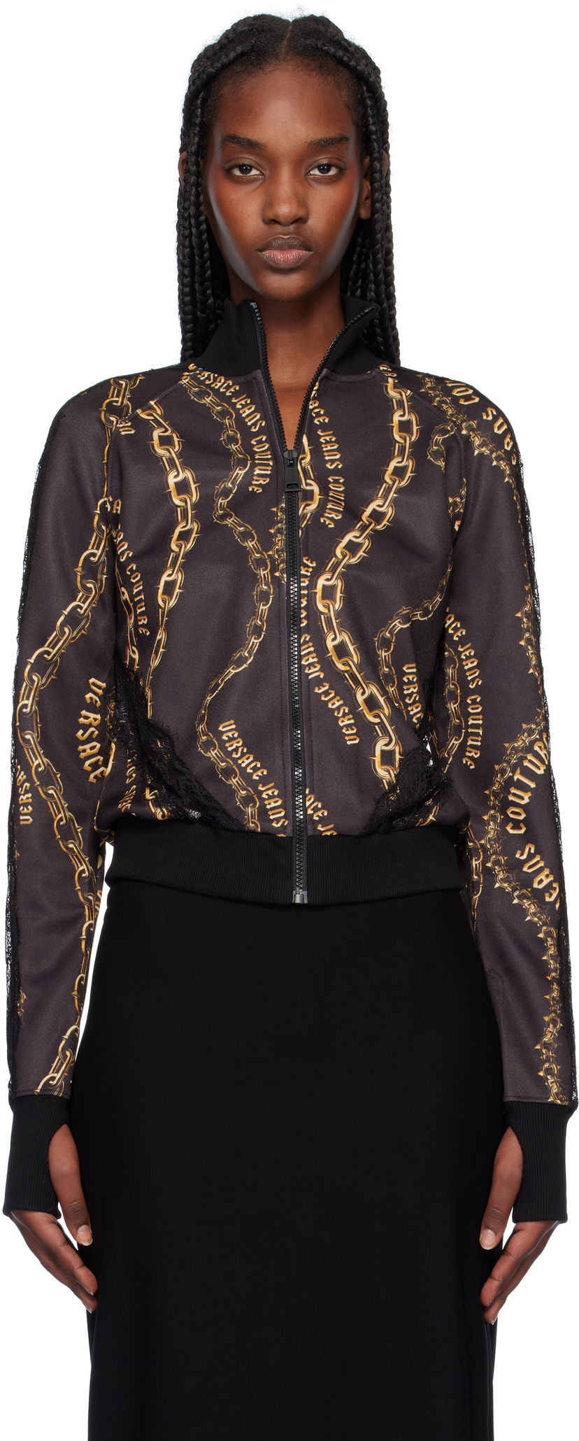Bomber-takki Versace Black & Gold Chain Couture Lace Zip Sweatshirt Musta | E77HAI301_EFS156