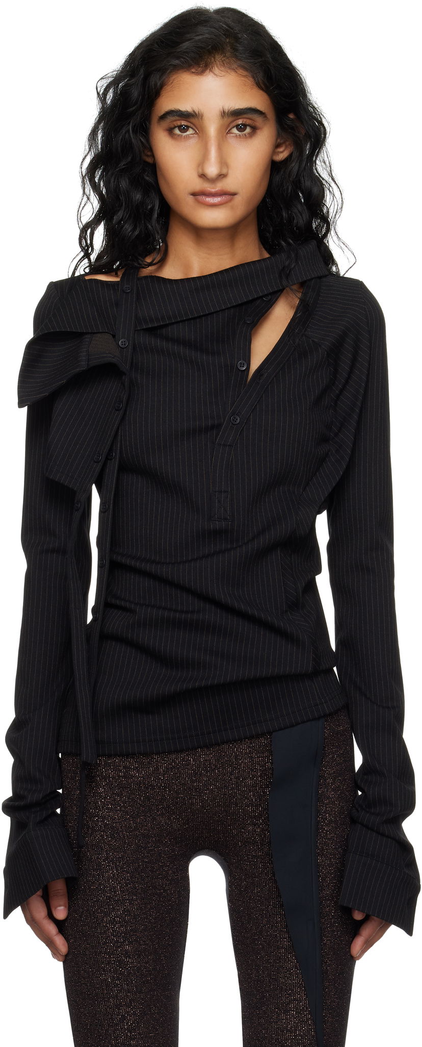 Paita Ottolinger Ada Pinstripe Asymmetric Long Sleeve Blouse Musta | 102-105904-01