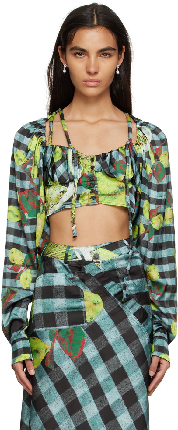 Crop top Ottolinger Ottolinger Lemon Gingham Tie-Front Crop Top Vihreä | 1101204