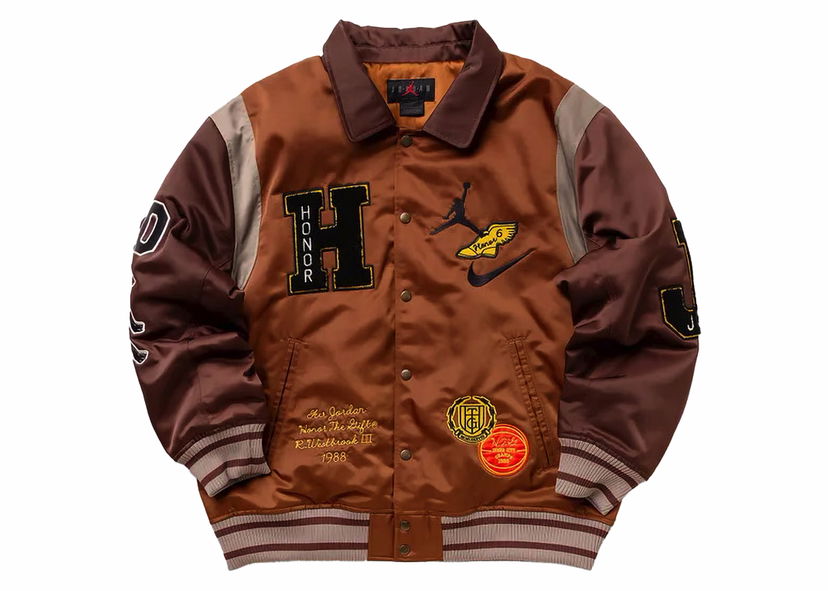 Takki Jordan Jordan x Honor The Gift Westbrook Varsity Jacket Brown Ruskea | DX6243-204