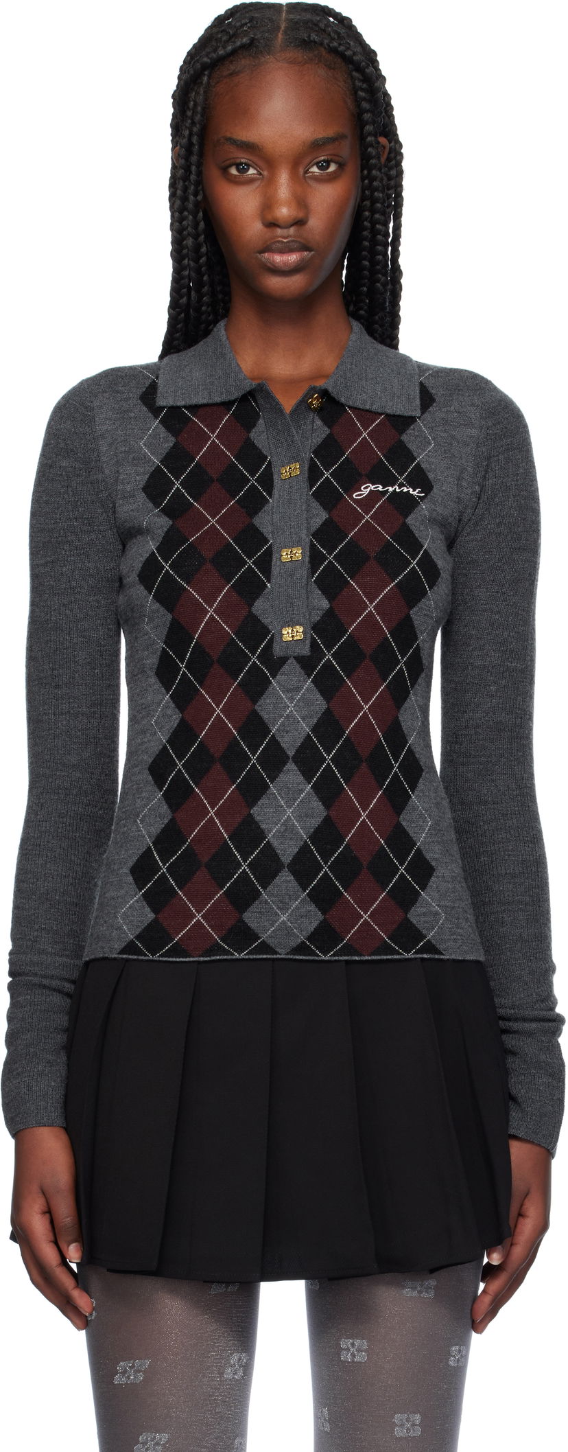 Poolopaita GANNI Knitted Argyle Polo Top Harmaa | K2314