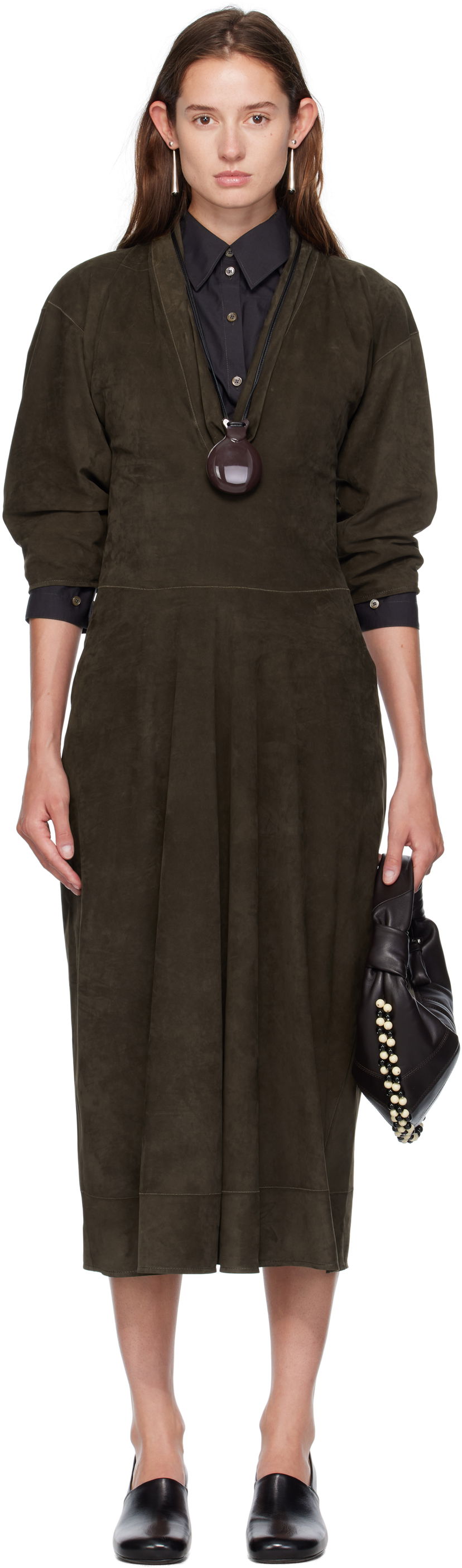 Mekko LEMAIRE Lemaire V-Neck Nubuck Midi Dress Vihreä | DR1122 LL0148