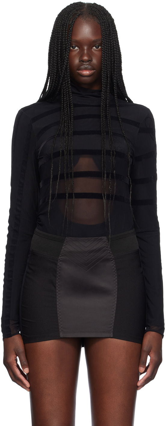 T-paita Jean Paul Gaultier Jean Paul Gaultier Striped Flocked Semi-Sheer Turtleneck Bodysuit Musta | 24/30-F-BD048I-T004-0000