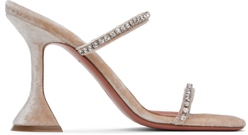 Asusteet Amina Muaddi Amina Muaddi Gilda Crystal-Embellished Velvet Heeled Sandals Beige | GILDA SLIPPER VELVET