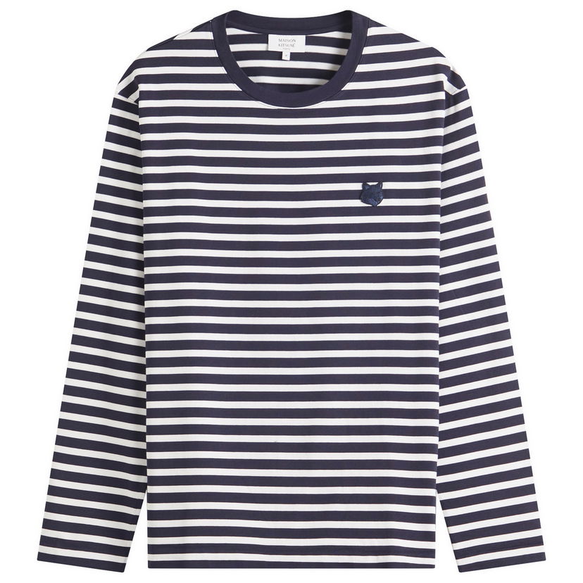 T-paita MAISON KITSUNÉ Maison Kitsuné Fox Head Patch Mariner Striped Long Sleeve T-Shirt Tummansininen | OM00125KJ0044-S481