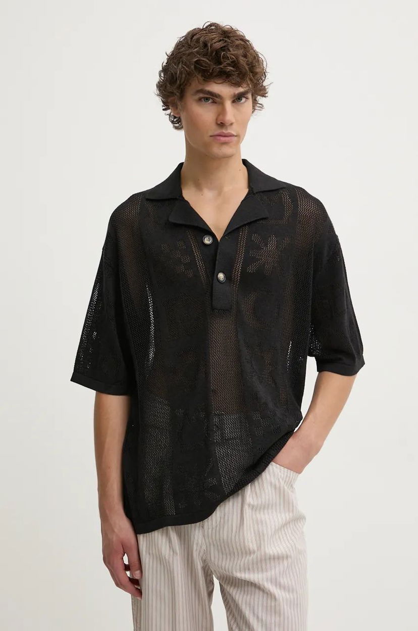 Poolopaita Nanushka JASIM Regular Fit Floral Mesh Polo Musta | NM24PFSH01799