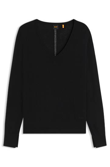 Villapaita BOSS V-Neck Sweater with Openwork Detail Musta | 50543956