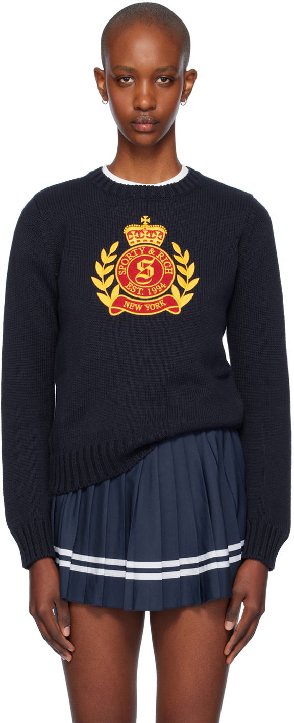 Villapaita Sporty & Rich Crest Knitted Crewneck Sweater Tummansininen | WS065516243BL32
