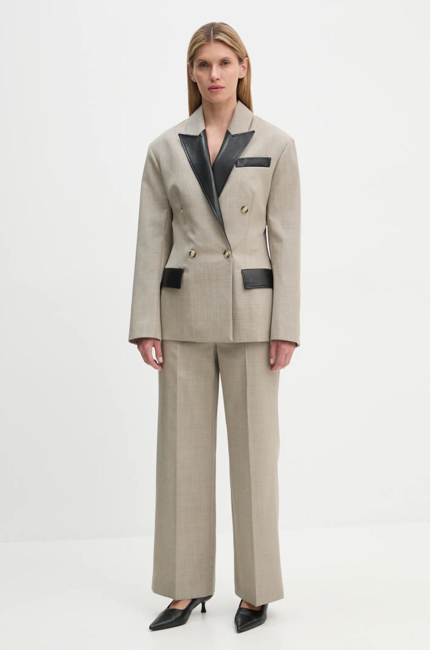 Takki Nanushka Double Breasted Blazer with Faux Leather Trim Beige | NW24FWJK36770, 1