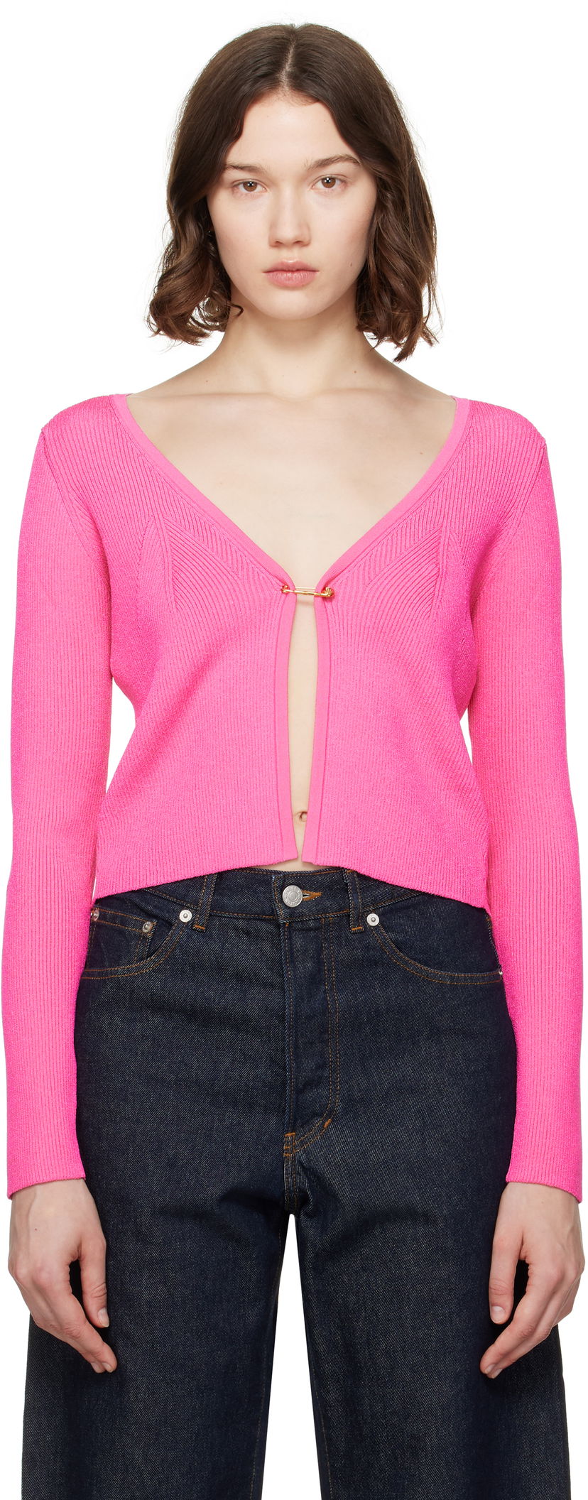 Villapaita Versace Versace Safety Pin Ribbed Knit Cardigan Vaaleanpunainen | 1020887_1A12699