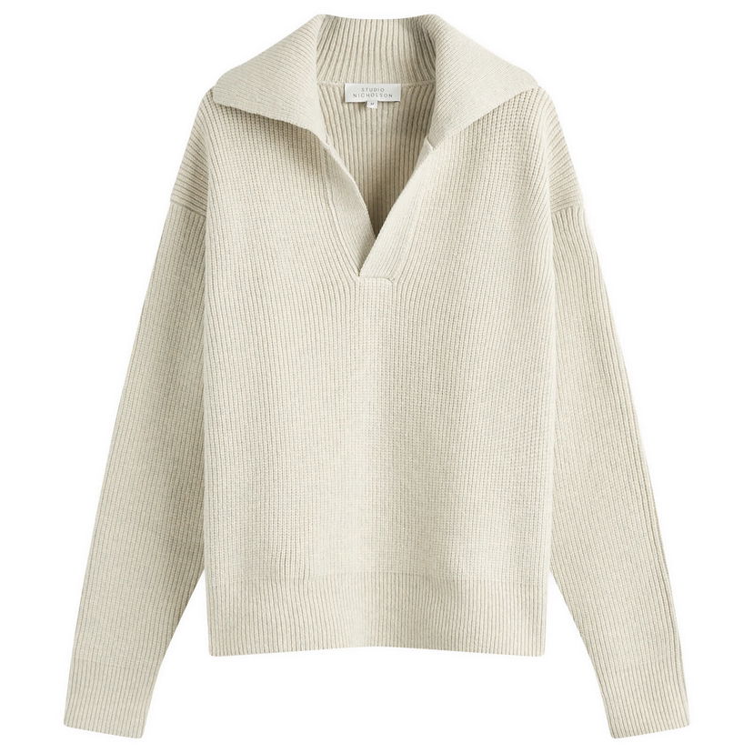 Villapaita Studio Nicholson Studio Nicholson Nash Rib Polo Knit, Size Large Beige | NASHSNM-1295-NTL