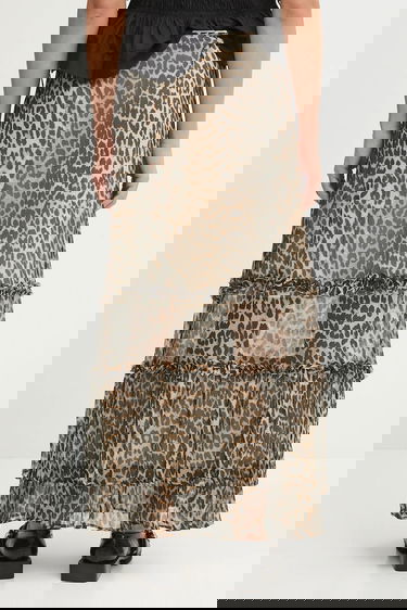 Hame GANNI GANNI Printed Viscose Chiffon Long Ruffle Maxi A-Line Skirt Ruskea | W0435, 2