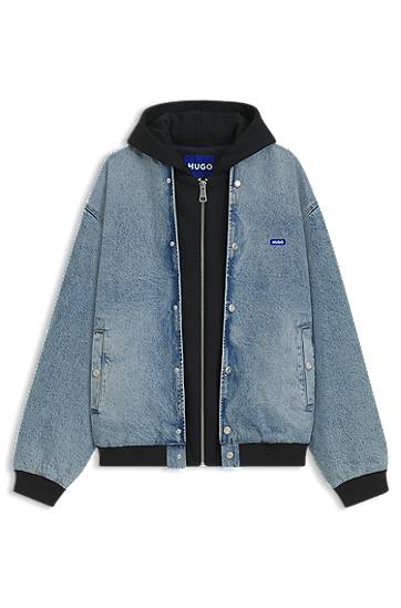 Bomber-takki BOSS HUGO Denim Bomber Jacket with Hooded Jersey Panel Sininen | 50541735
