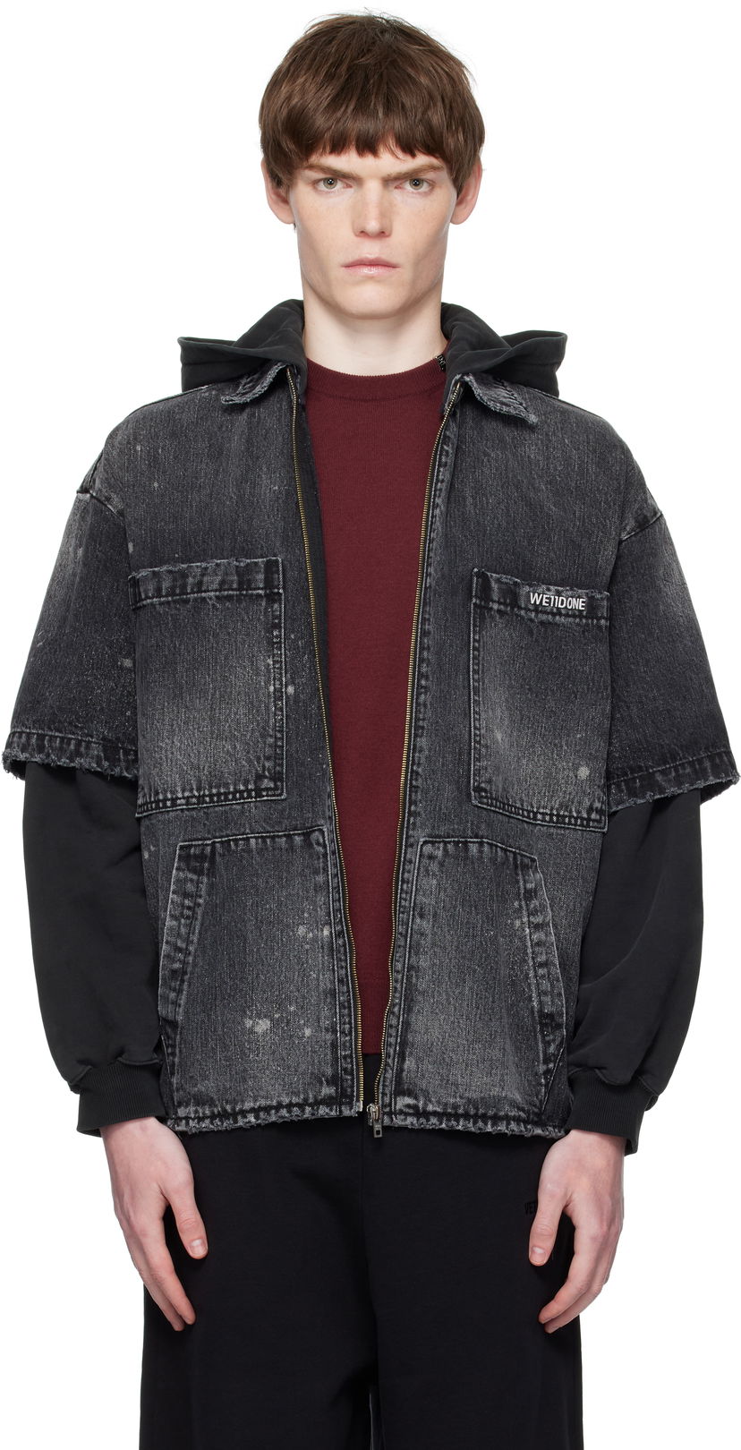Takki We11done We11done Faded Layered Hoodie Denim Jacket Musta | WD-DJ2-25-315-M-BK