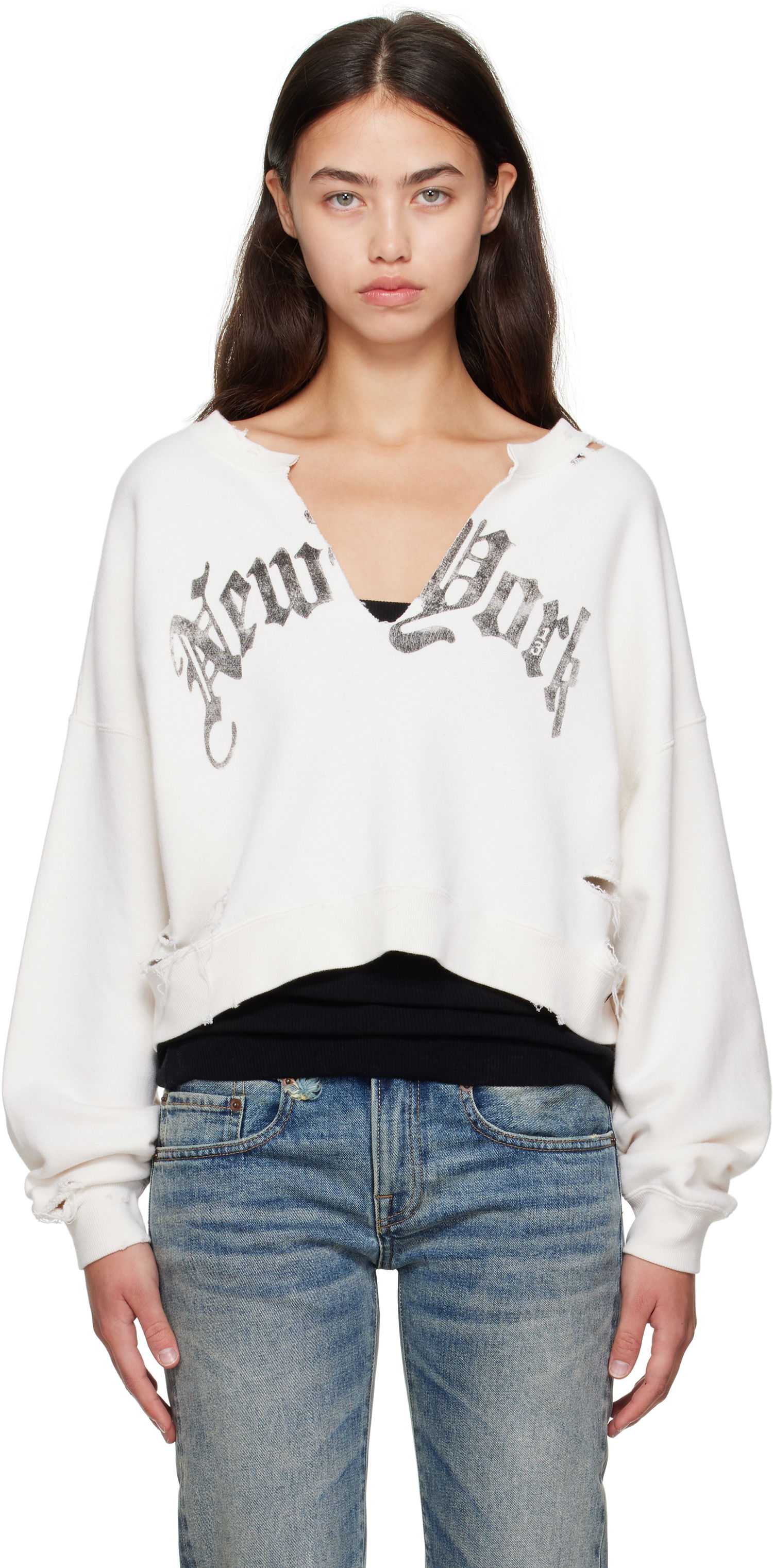 Huppari R13 R13 Cropped Front Slit 'New York' Sweatshirt Valkoinen | R13WK251-K099B, 0
