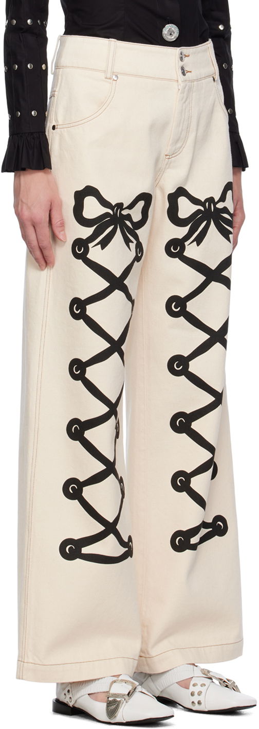 Jeans Chopova Lowena Chopova Lowena Ribbon Print Wide Leg Jeans Beige | 4061, 1