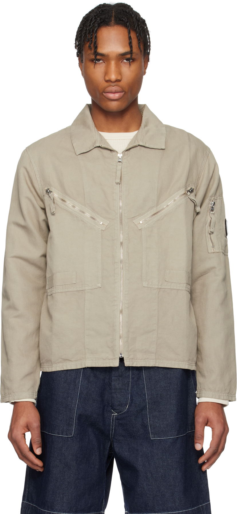 Bomber-takki C.P. Company C.P. Company Cotton Linen Zip Overshirt Beige | 18CMOS103A-006273G