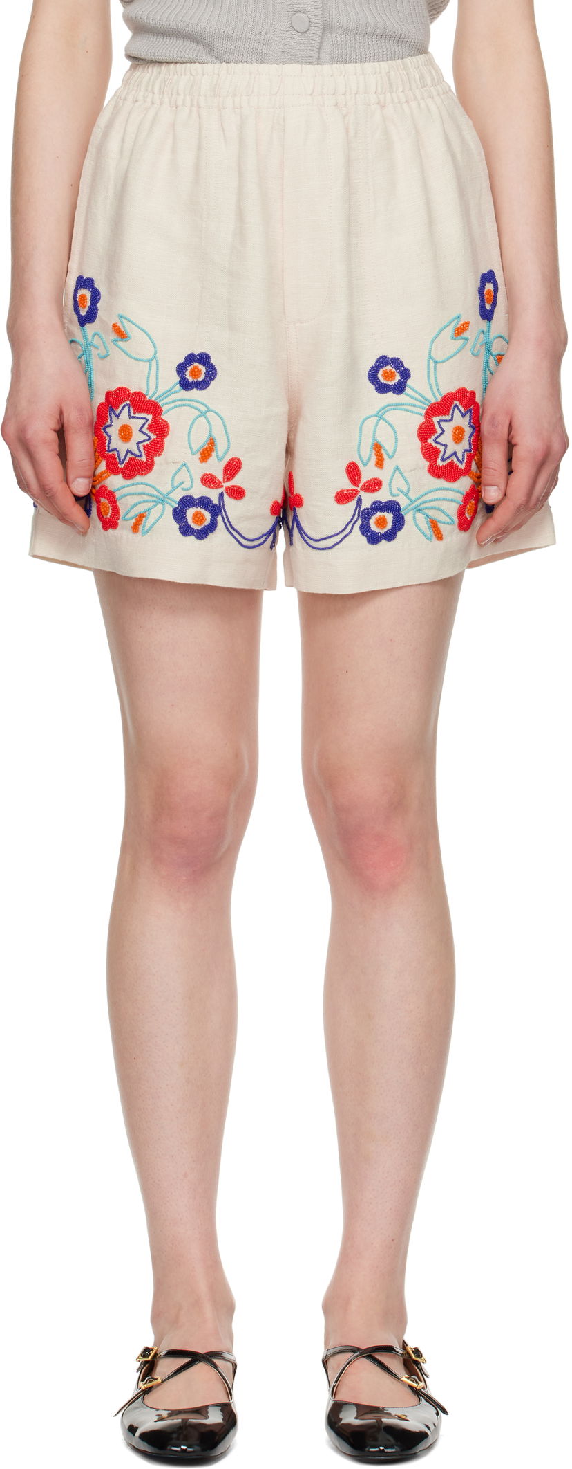 Shortsit Bode Bode Beaded Garden Party Shorts Beige | MRS25BT049