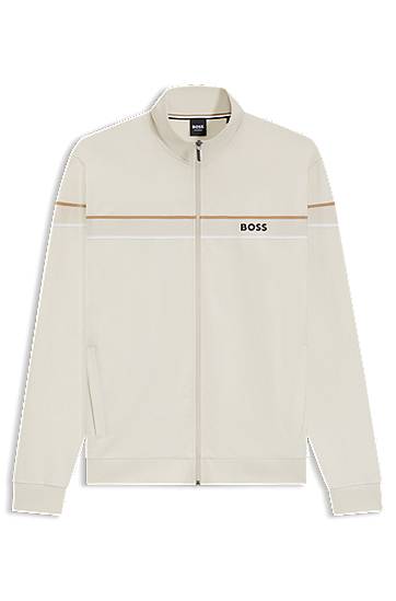 Takki BOSS Stand-Collar Zip-up Jacket in Cotton Terry with Tape Trims Beige | 50550612, 0