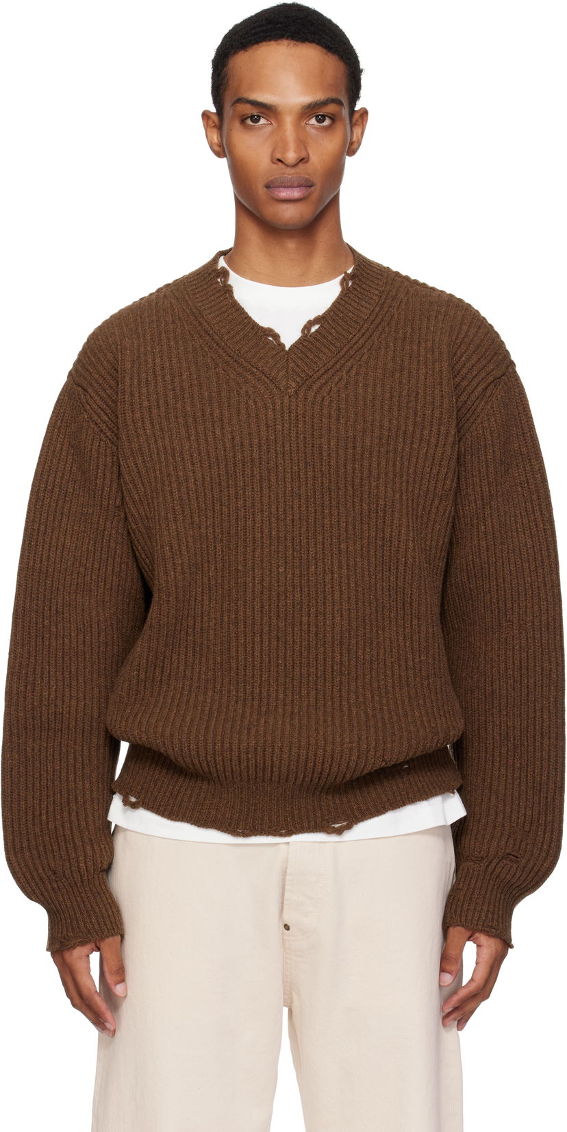 Villapaita Maison Margiela MM6 Maison Margiela Ribbed Wool Knit V-Neck Sweater Ruskea | SH0HN0003 M13138