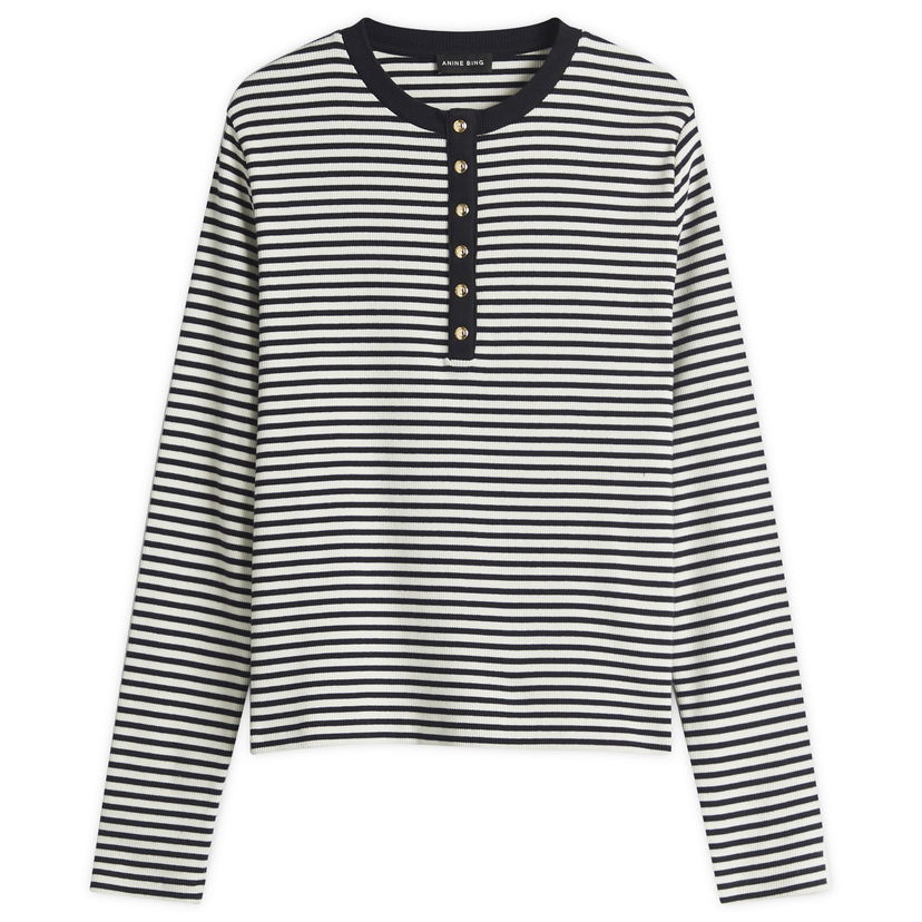 T-paita Anine Bing Anine Bing Alessia Striped Henley Long Sleeve T-Shirt Monivärinen | A-08-10314-MTL2