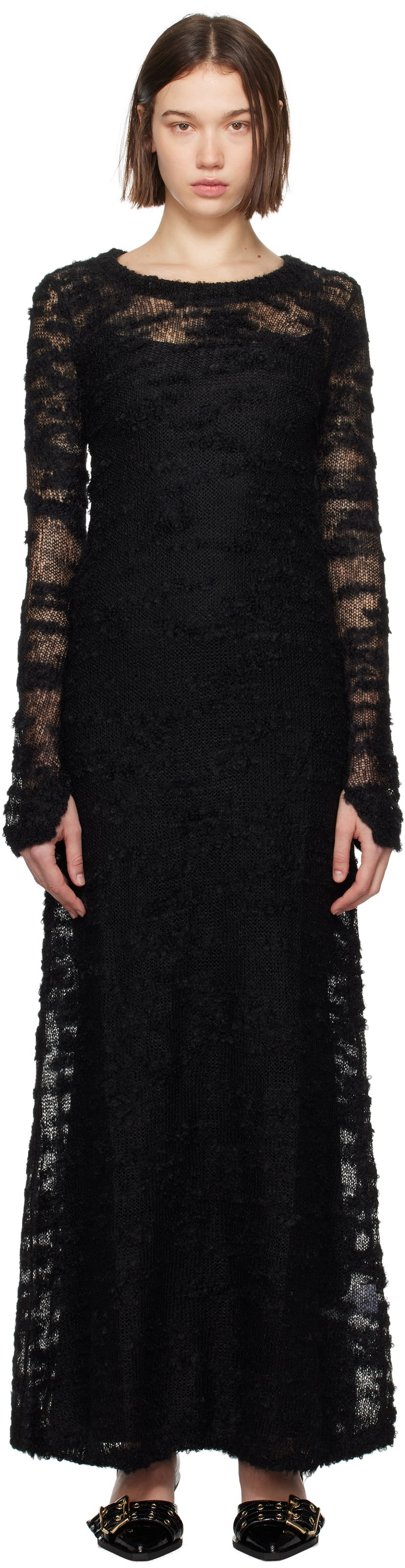 Mekko GANNI Bouclé Long Sleeve Maxi Dress Musta | K2329