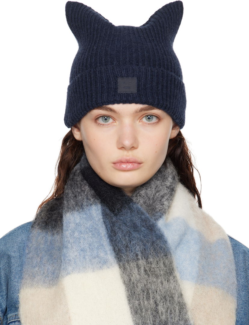 Pipo Acne Studios Acne Studios Knit Cat-Ear Beanie with Face Logo Tummansininen | C40392-