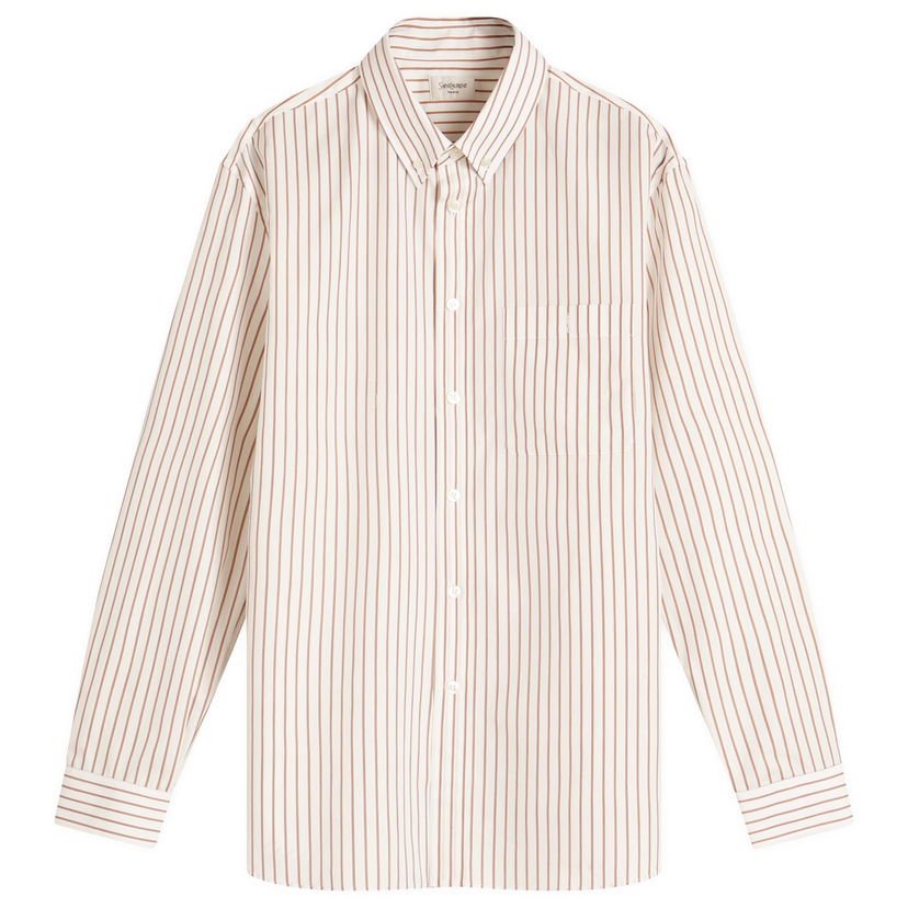 Paita Saint Laurent Saint Laurent Striped Shirt with Embroidered Pocket, Size 39 Beige | 823194-Y6E77-9260