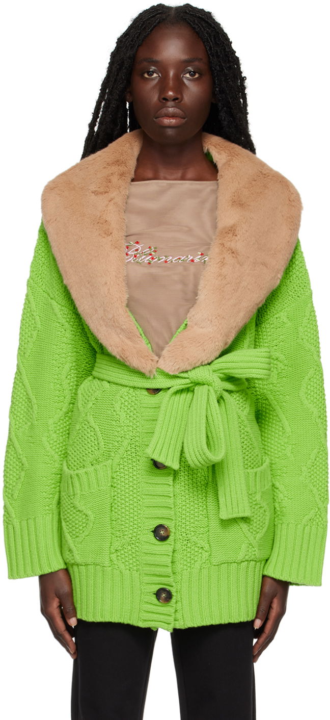 Takki Blumarine Faux Fur Collar Cable Knit Cardigan Vihreä | 2 M220A